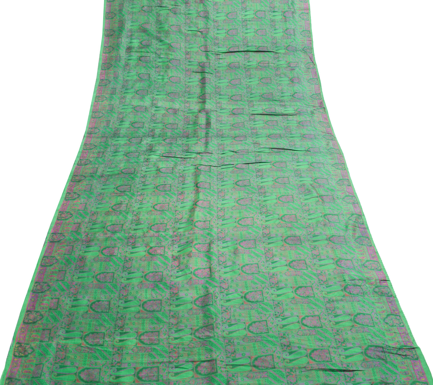 Sushila Vintage Green Saree 100% Pure Silk Paisley Printed Soft Craft Fabric