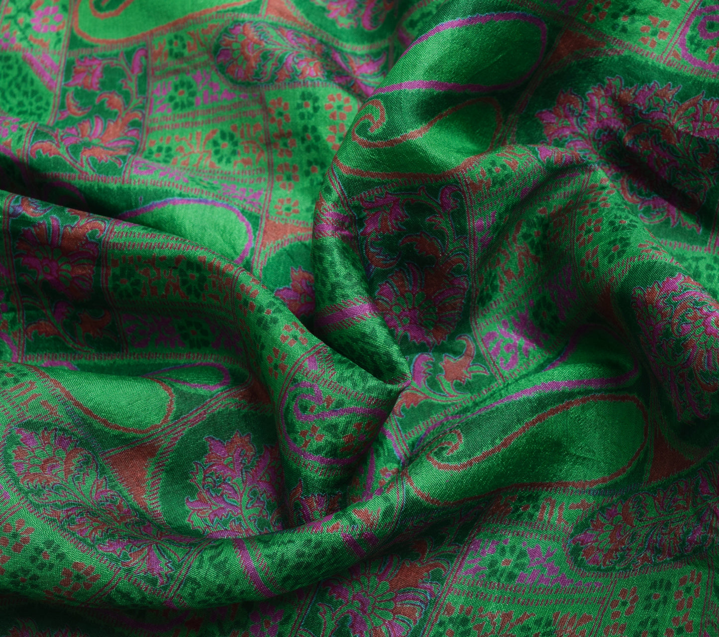 Sushila Vintage Green Saree 100% Pure Silk Paisley Printed Soft Craft Fabric