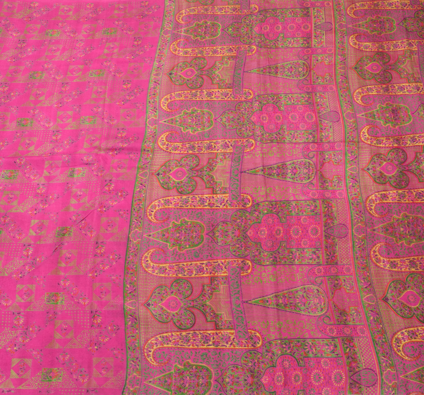 Sushila Vintage Indian Saree 100% Pure Silk Printed Magenta Soft Craft Fabric