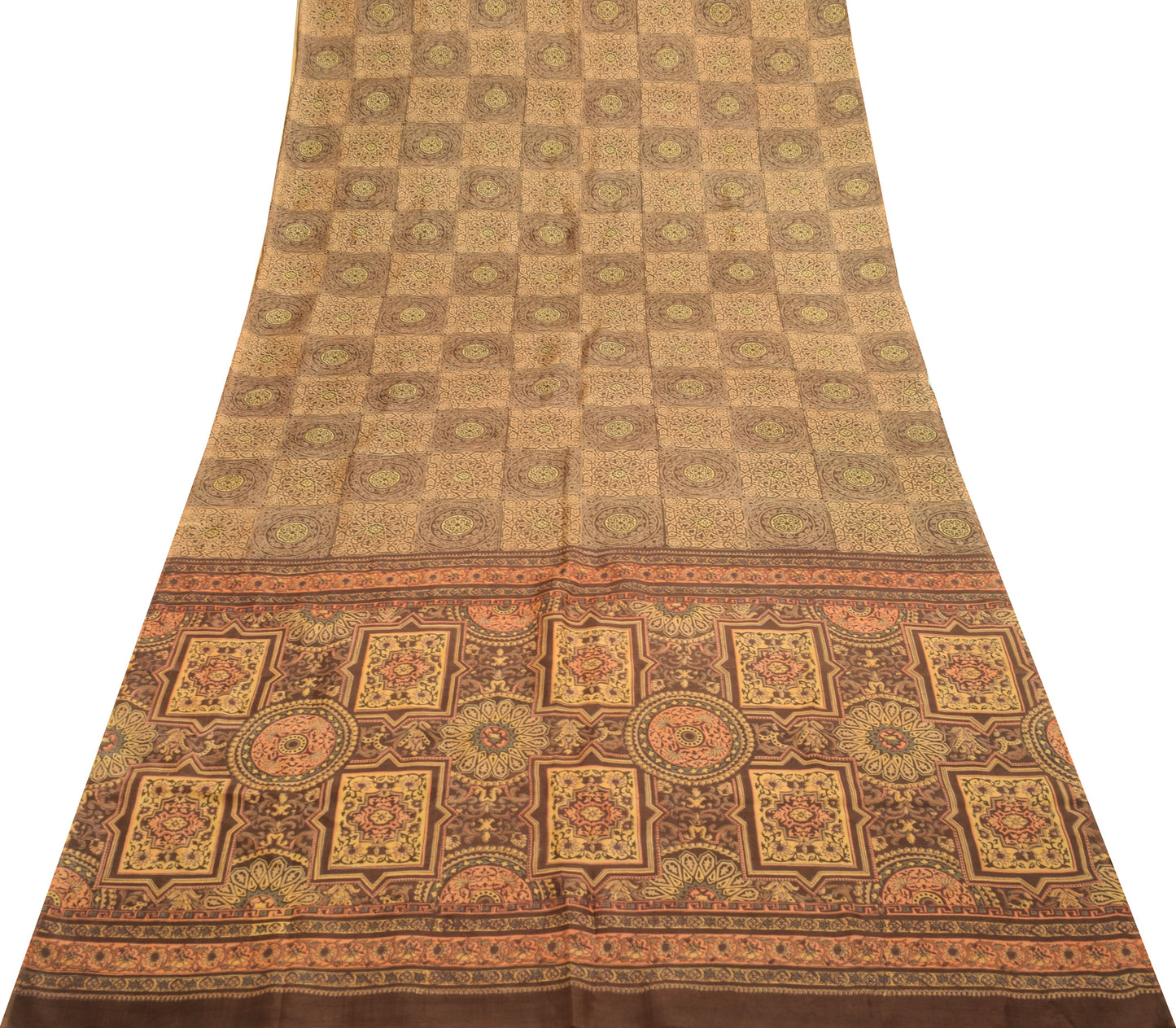 Sushila Vintage Dark Brown Saree 100% Pure Silk Hand Block Printed Soft Fabric