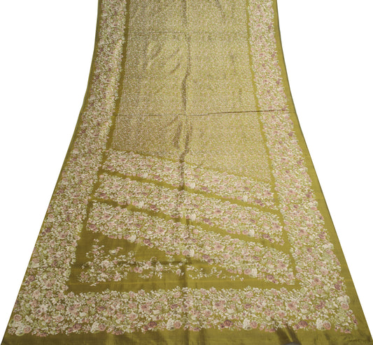 Sushila Vintage Green Saree 100% Pure Silk Printed Floral Soft Craft Fabric