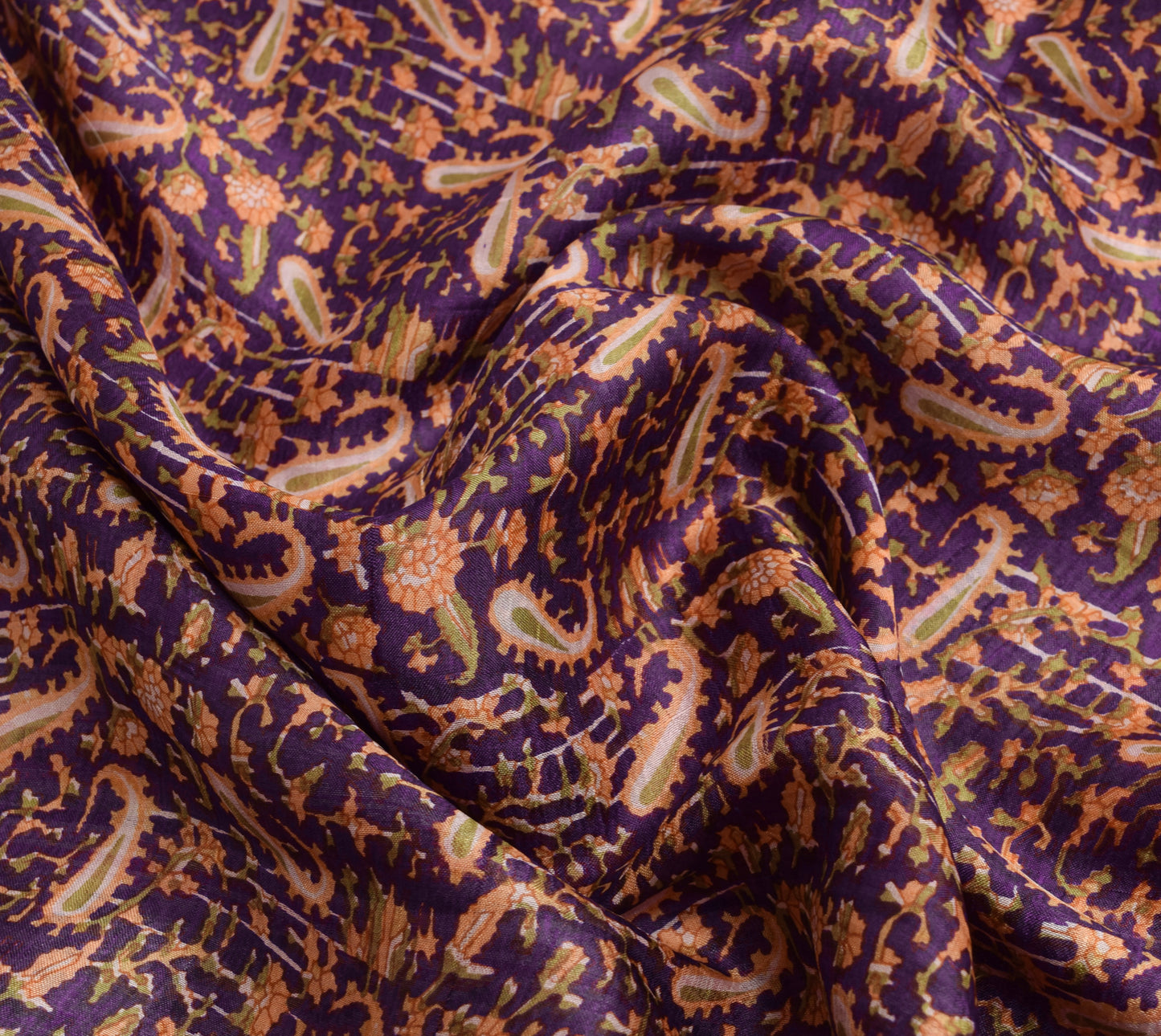 Sushila Vintage Purple Saree 100% Pure Silk Printed Paisley Indian Craft Fabric