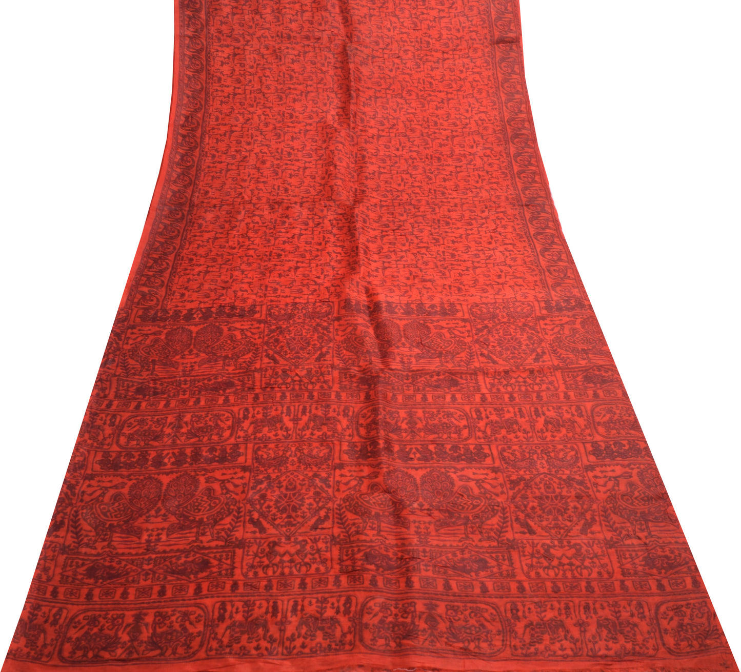 Sushila Vintage Red Saree 100% Pure Silk Printed Animals & Birds Craft Fabric