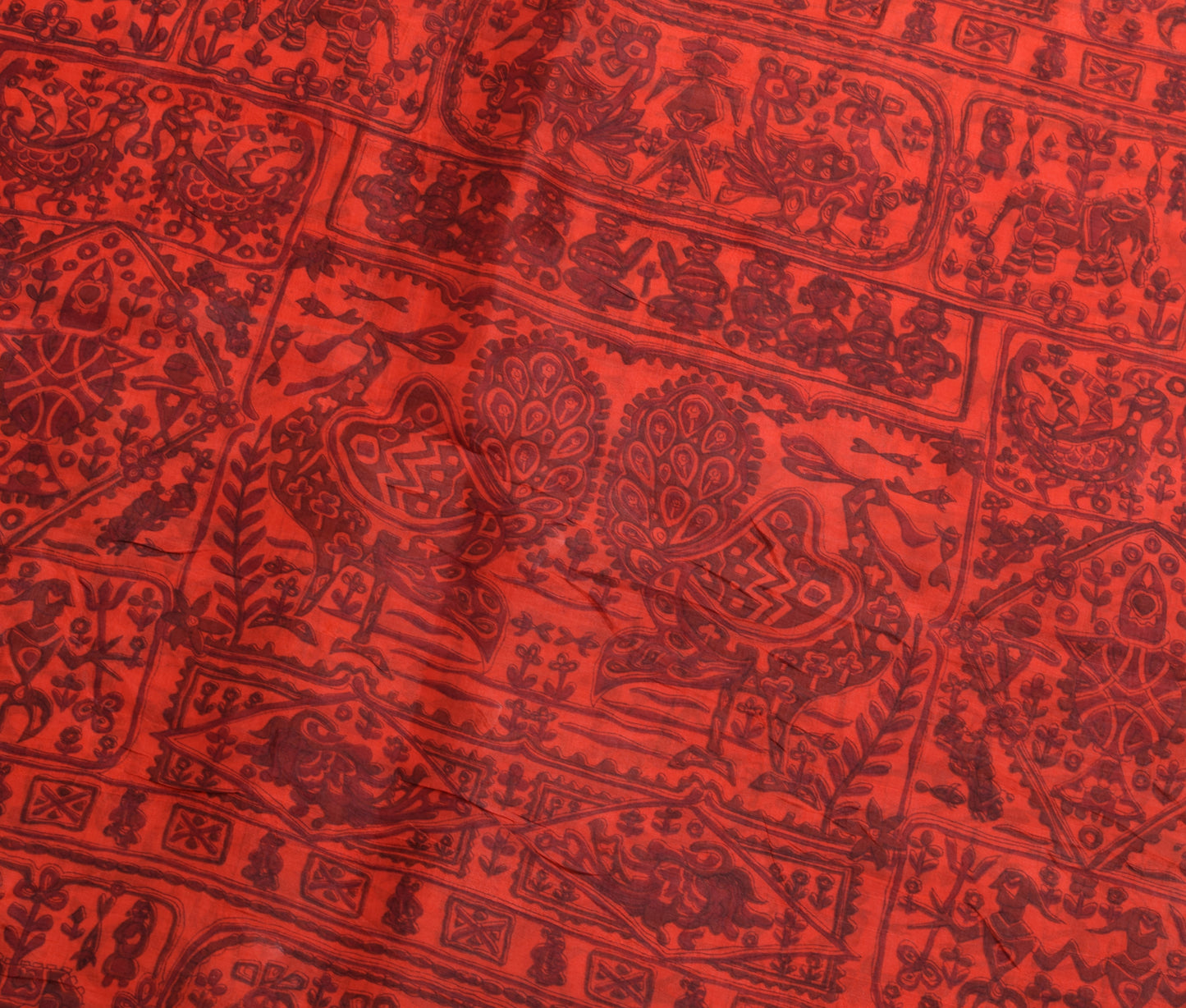 Sushila Vintage Red Saree 100% Pure Silk Printed Animals & Birds Craft Fabric