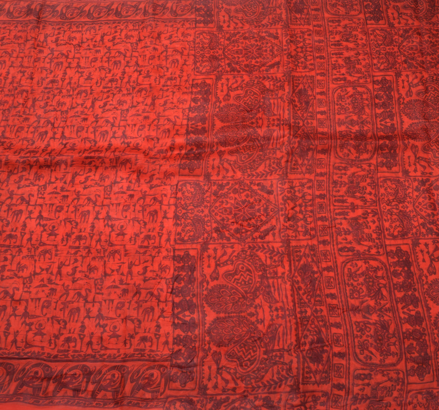 Sushila Vintage Red Saree 100% Pure Silk Printed Animals & Birds Craft Fabric