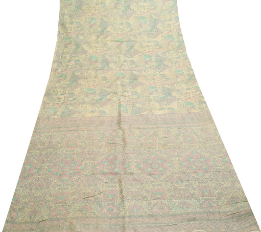 Sushila Vintage Cream Floral Indian Saree 100% Pure Silk Printed Craft Fabric