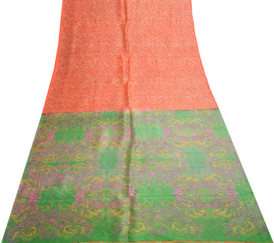 Sushila Vintage Orange & Green Floral Saree 100% Pure Silk Printed Craft Fabric