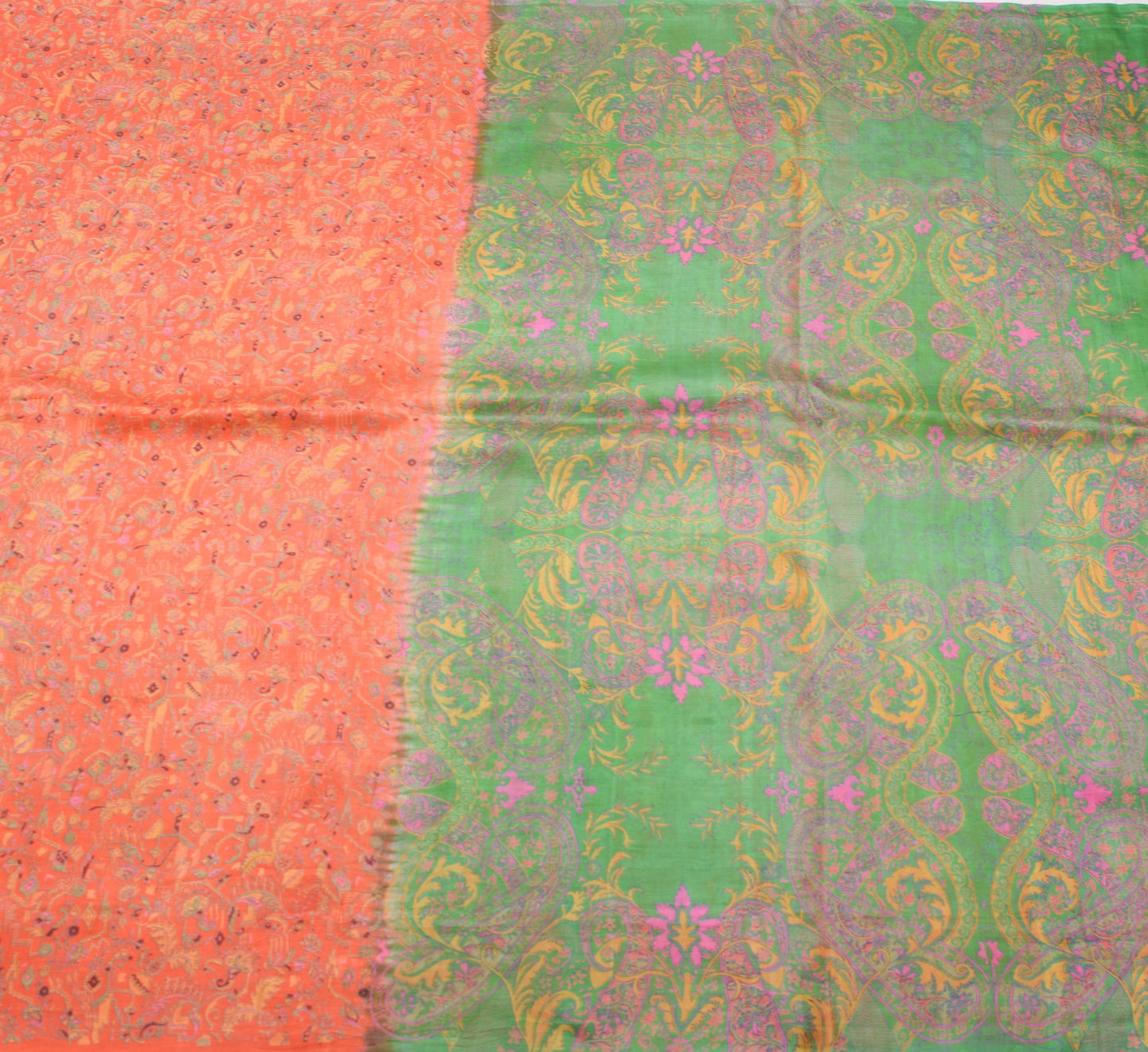 Sushila Vintage Orange & Green Floral Saree 100% Pure Silk Printed Craft Fabric