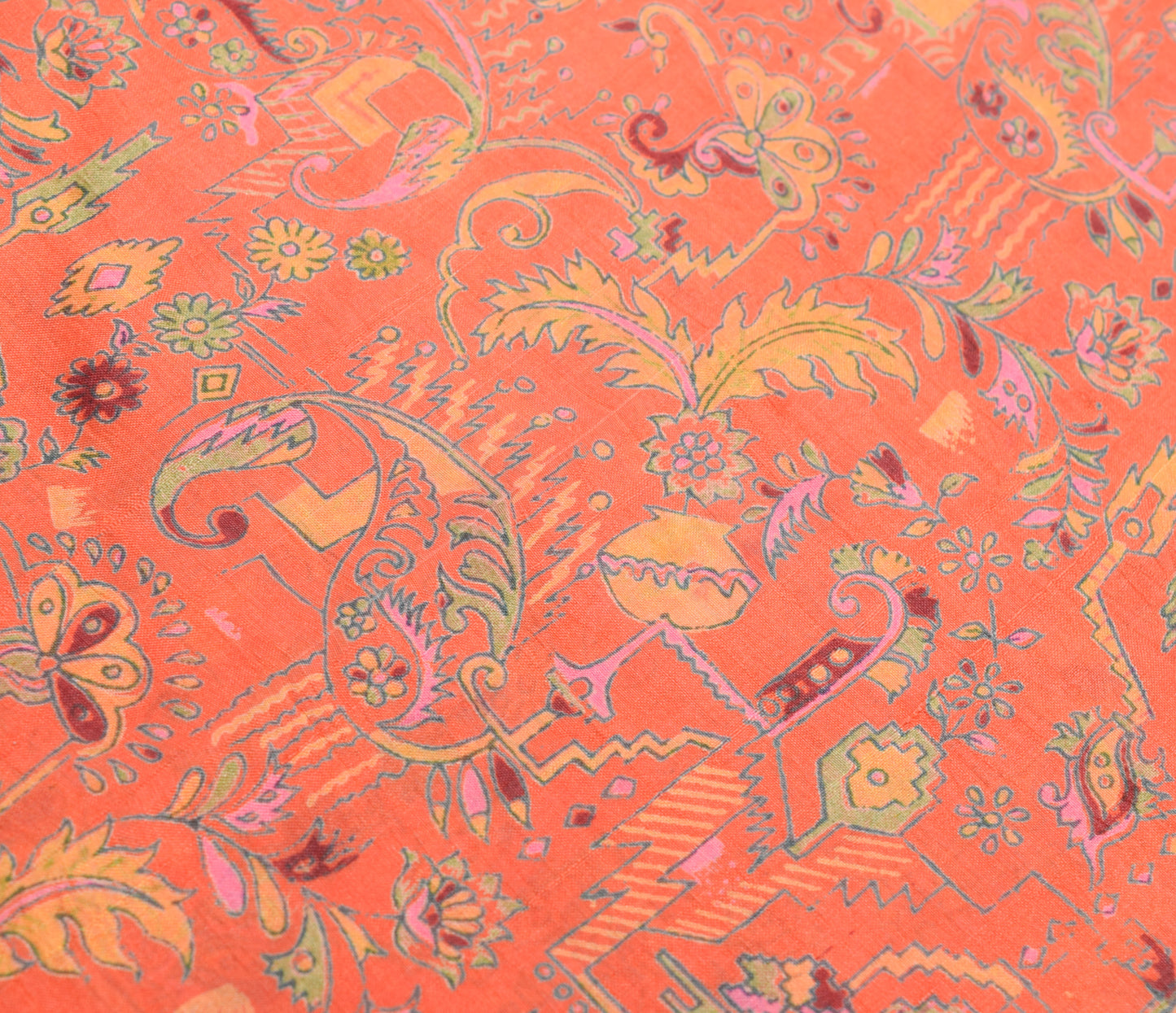 Sushila Vintage Orange & Green Floral Saree 100% Pure Silk Printed Craft Fabric