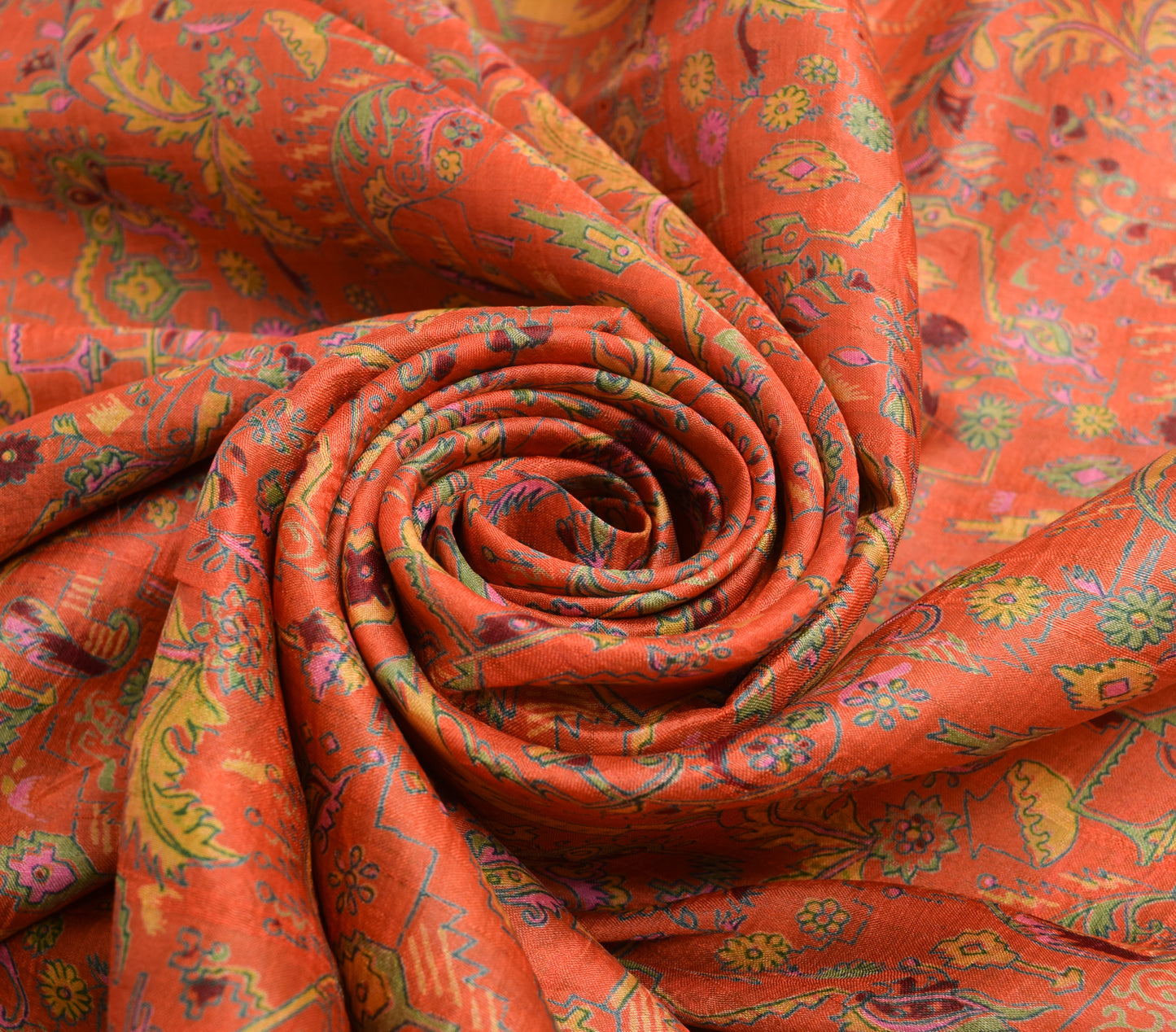 Sushila Vintage Orange & Green Floral Saree 100% Pure Silk Printed Craft Fabric