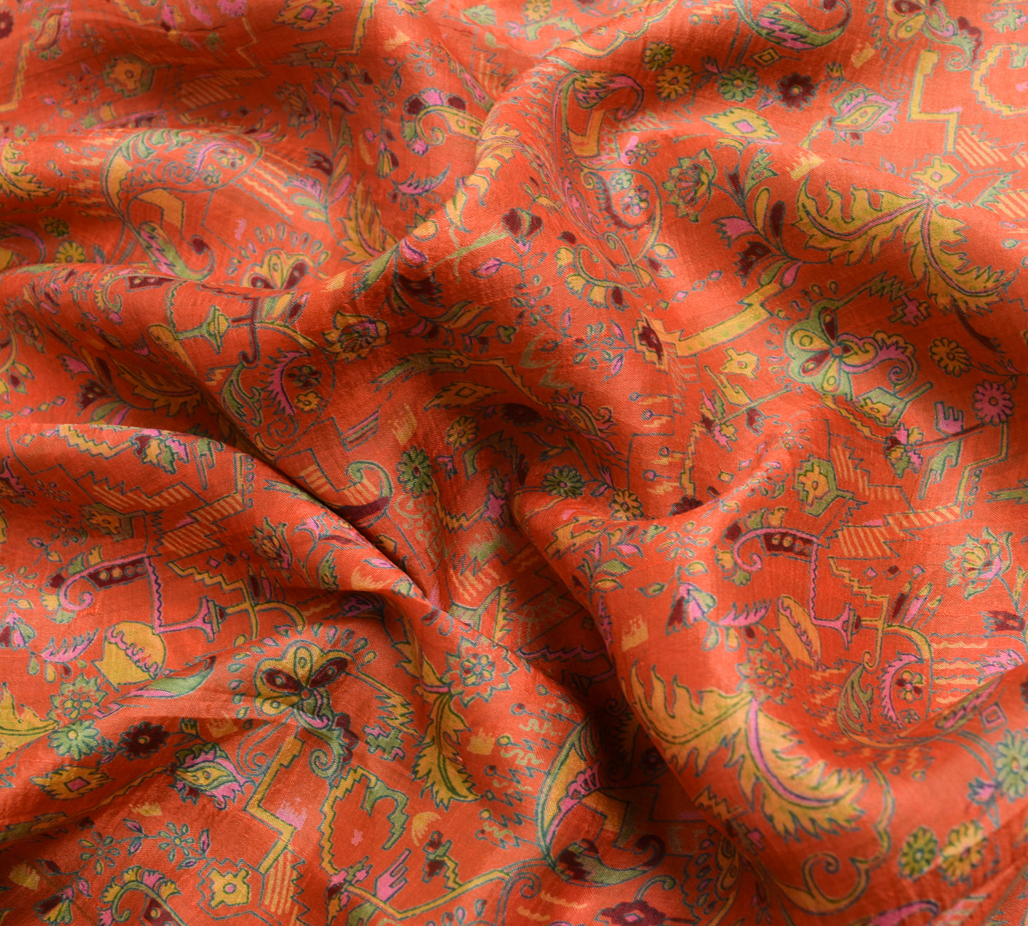 Sushila Vintage Orange & Green Floral Saree 100% Pure Silk Printed Craft Fabric