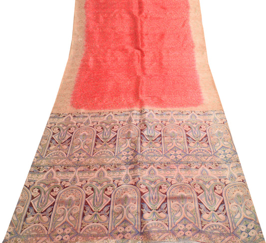 Sushila Vintage Red Saree 100% Pure Silk Printed Paisley Indian Craft Fabric