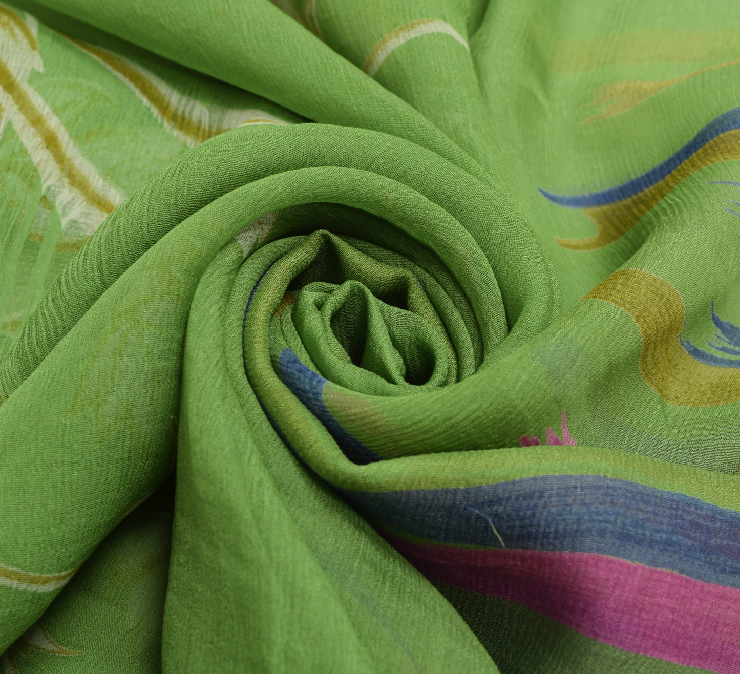 Sushila Vintage Green Saree 100% Pure Chiffon Silk Printed Soft Floral Fabric