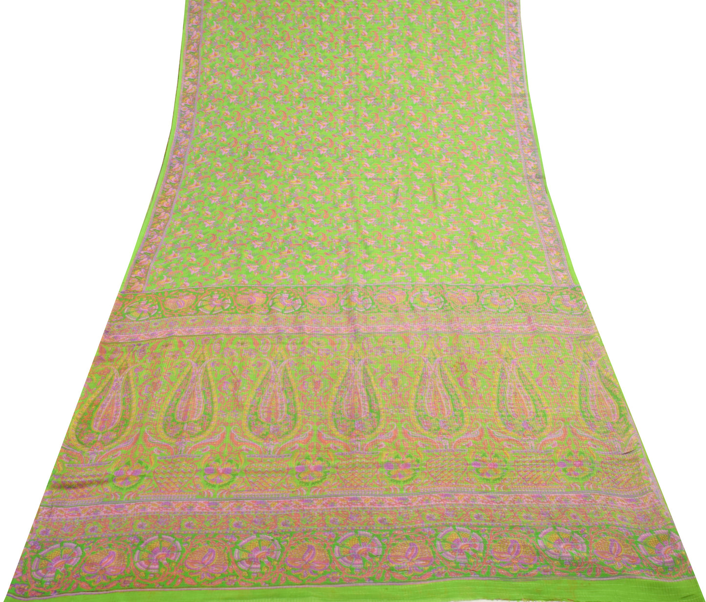 Sushila Vintage Parrot Green Saree Pure Silk Floral Printed Soft Craft Fabric