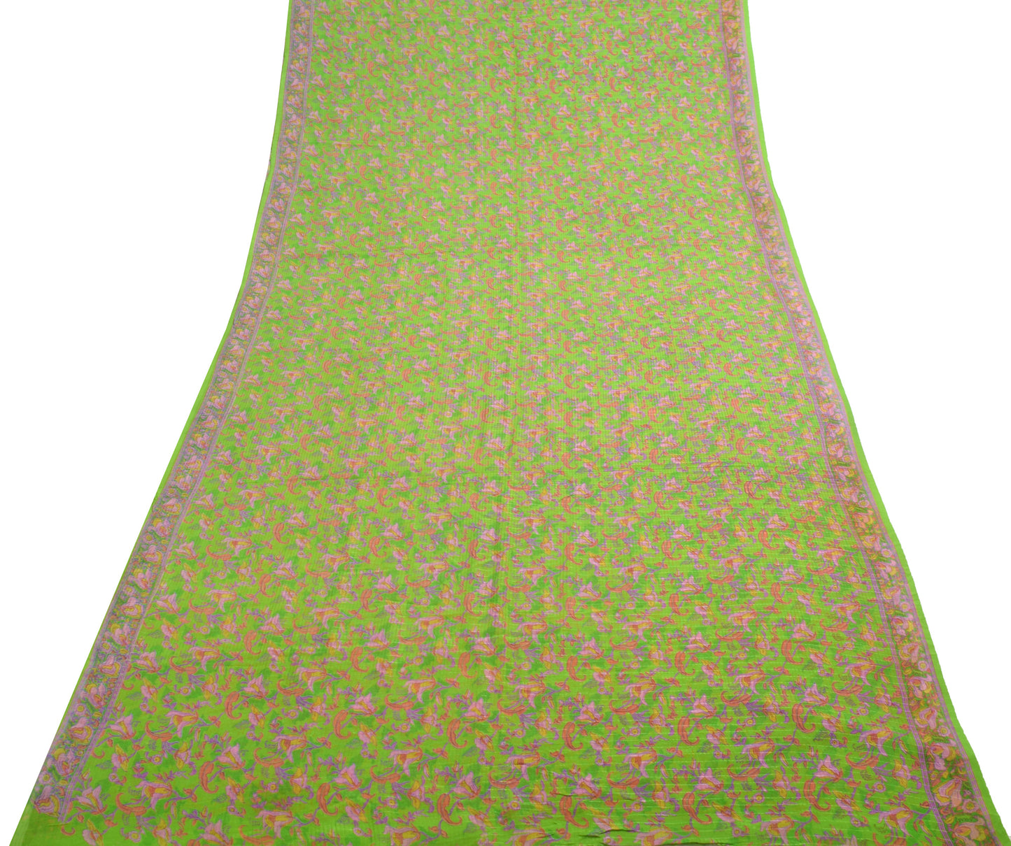 Sushila Vintage Parrot Green Saree Pure Silk Floral Printed Soft Craft Fabric