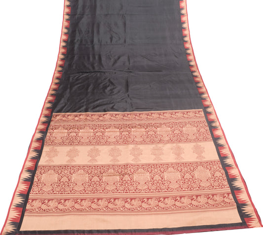 Sushila Vintage Black Indian Women's Printed Saree 100% Silk Soft Craft Fabric