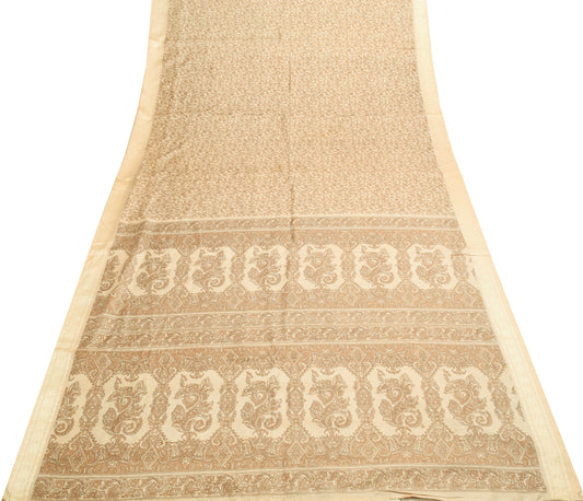 Sushila Vintage Cream Women Saree100% Pure Silk Printed Floral Soft Craft Fabric