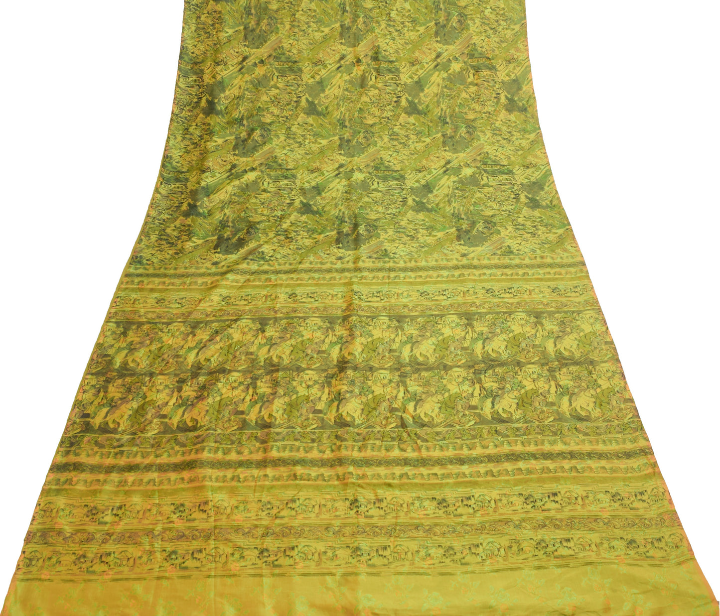 Sushila Vintage Green Antique Saree 100% Pure Silk Printed Soft Craft Fabric