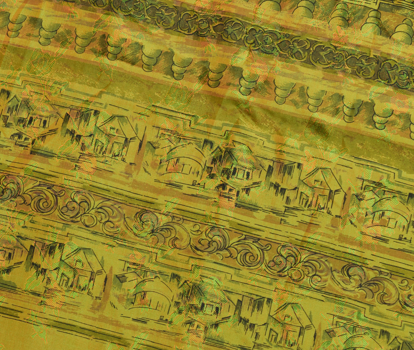 Sushila Vintage Green Antique Saree 100% Pure Silk Printed Soft Craft Fabric