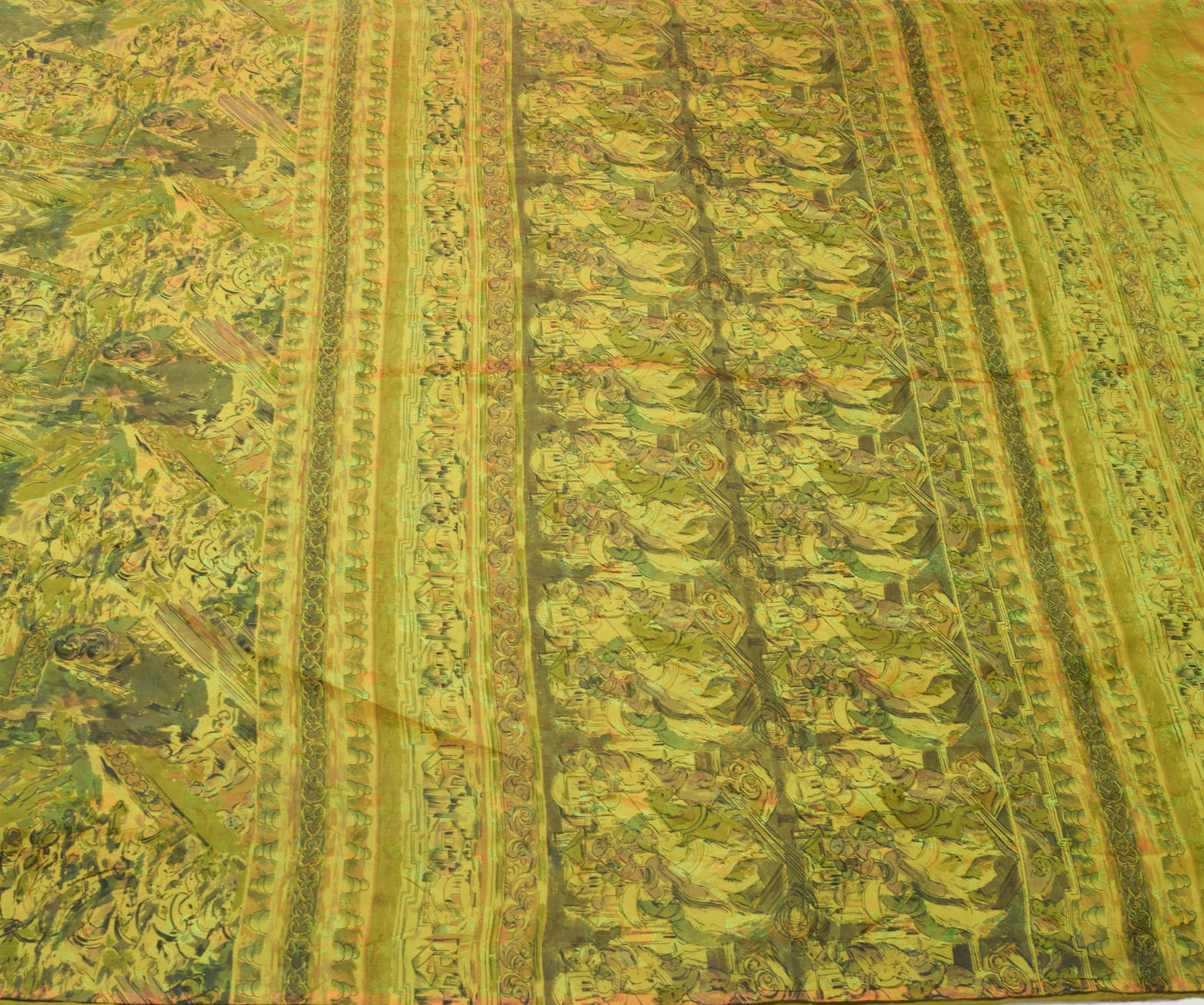 Sushila Vintage Green Antique Saree 100% Pure Silk Printed Soft Craft Fabric