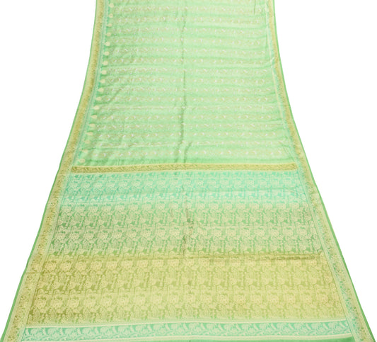 Sushila Vintage Green Saree 100% Pure Silk Printed Floral Soft Craft Fabric