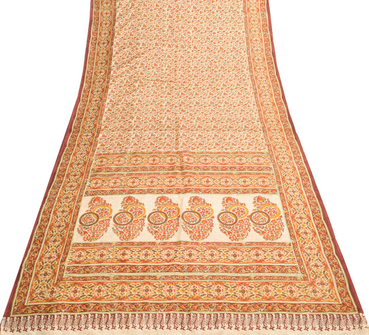 Sushila Vintage Beige Saree 100% Pure Silk Hand Block Printed Soft Craft Fabric