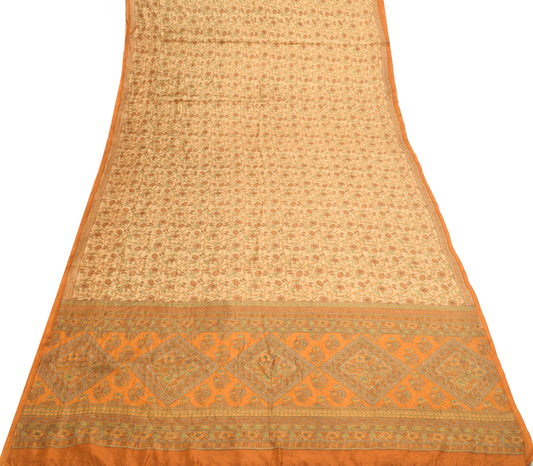 Sushila Vintage Light Brown Floral Saree 100%Pure Silk Printed Soft Craft Fabric