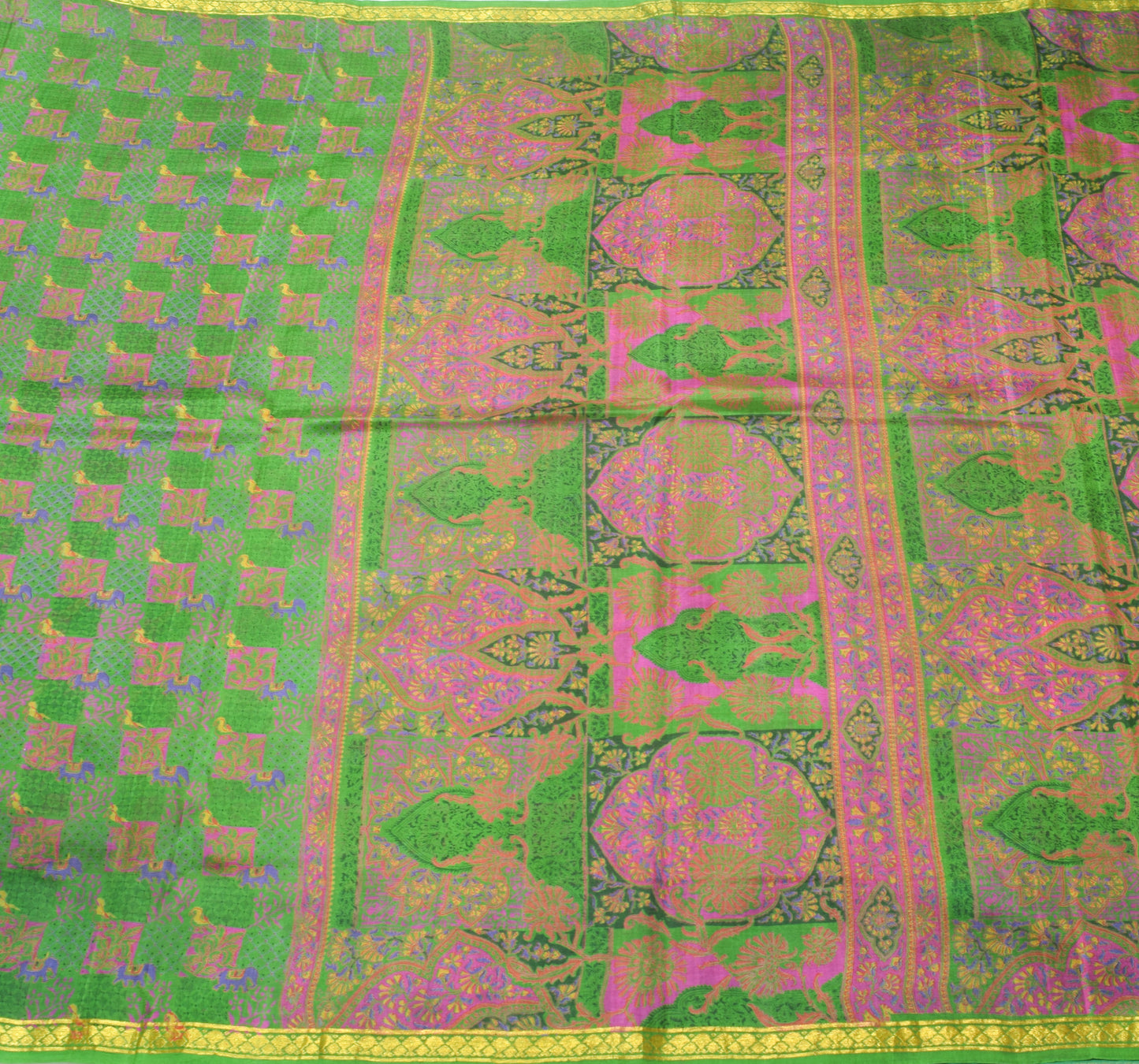 Sushila Vintage Indian Green Saree 100% Pure Silk Printed Soft Craft Fabric