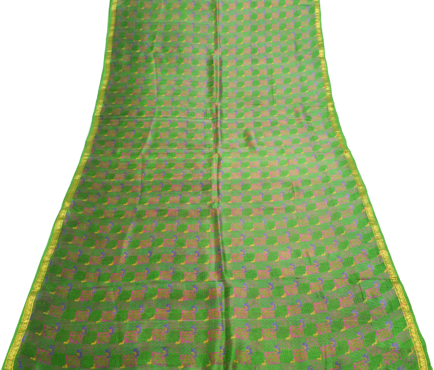 Sushila Vintage Indian Green Saree 100% Pure Silk Printed Soft Craft Fabric