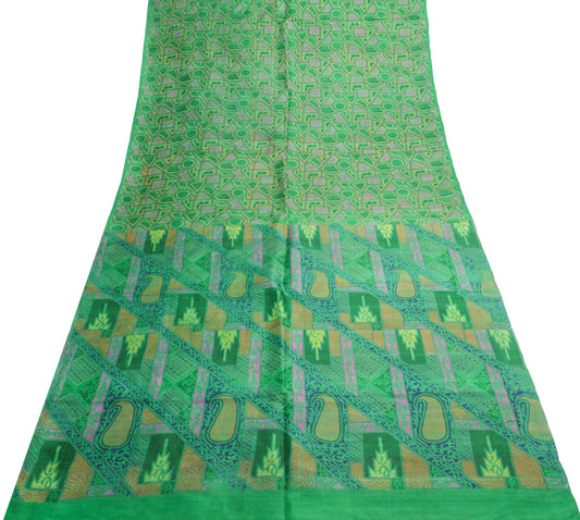 Sushila Vintage Green Saree 100% Pure Silk Printed Abstract 5 YD Craft Fabric