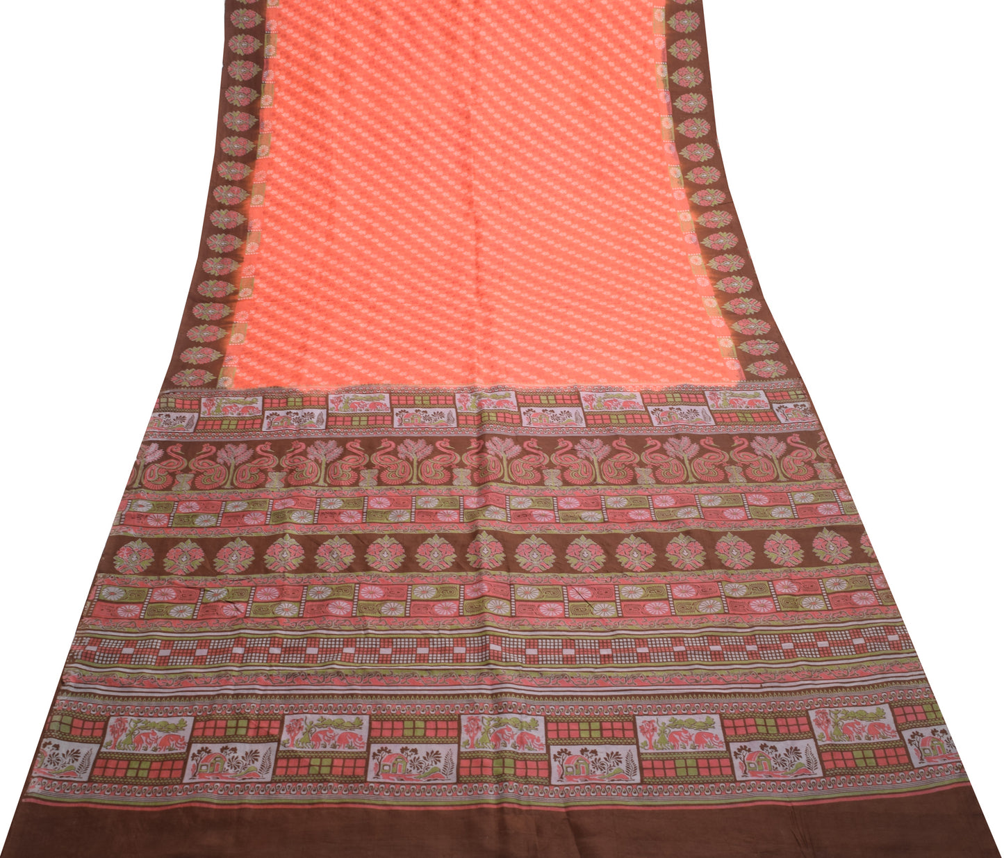 Sushila Vintage Dark Peach Indian Saree 100% Pure Silk Printed Soft Craft Fabric