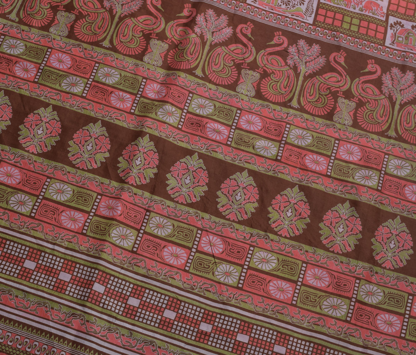 Sushila Vintage Dark Peach Indian Saree 100% Pure Silk Printed Soft Craft Fabric