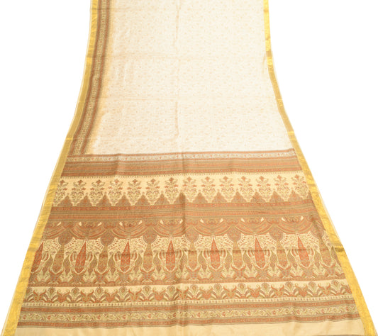 Sushila Vintage Cream Saree 100% Pure Silk Printed Floral Soft Craft Fabric