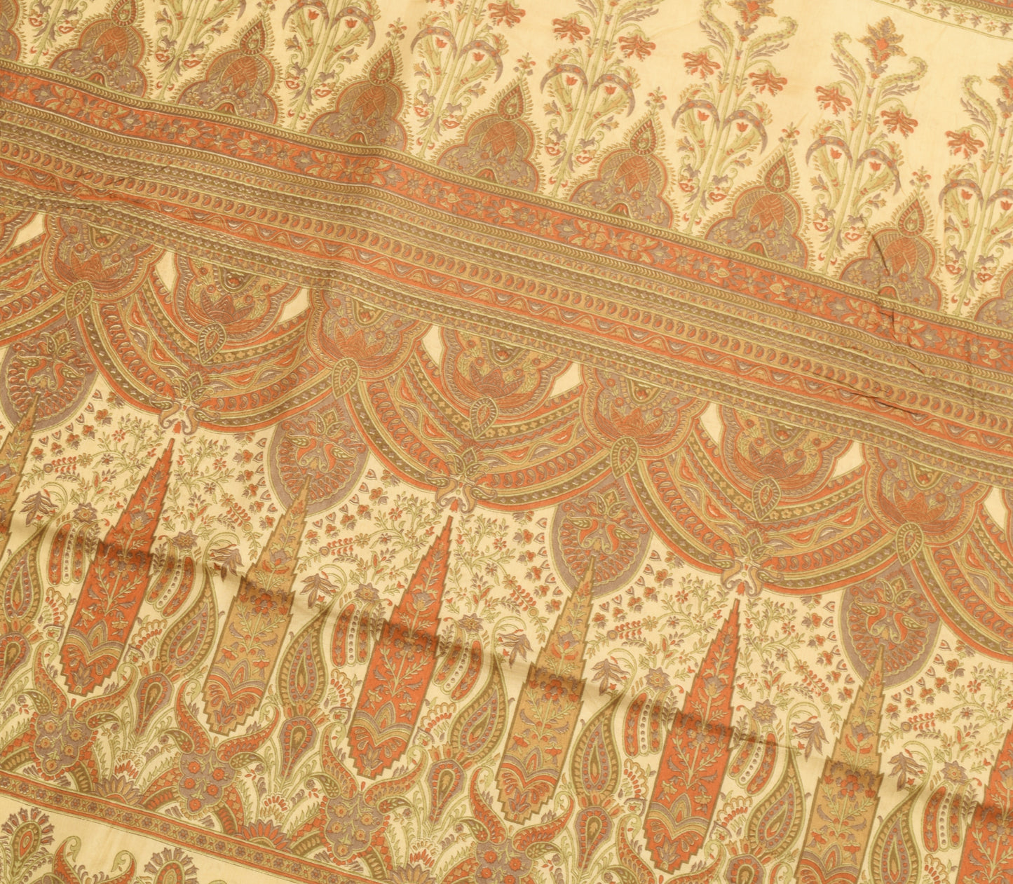 Sushila Vintage Cream Saree 100% Pure Silk Printed Floral Soft Craft Fabric