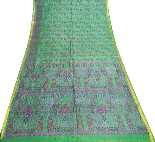 Sushila Vintage Green Saree 100% Pure Silk Paisley Printed Soft Craft Fabric