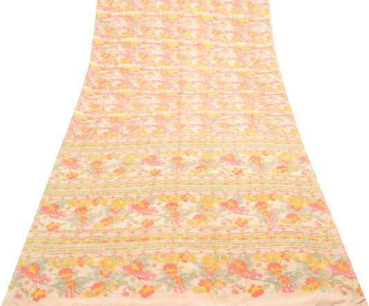 Sushila Vintage Cream Saree Pure Chiffon Silk Floral Printed Soft Craft Fabric