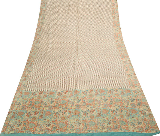 Sushila Vintage Cream Saree 100% Pure Silk Floral Printed Sari Soft Craft Fabric