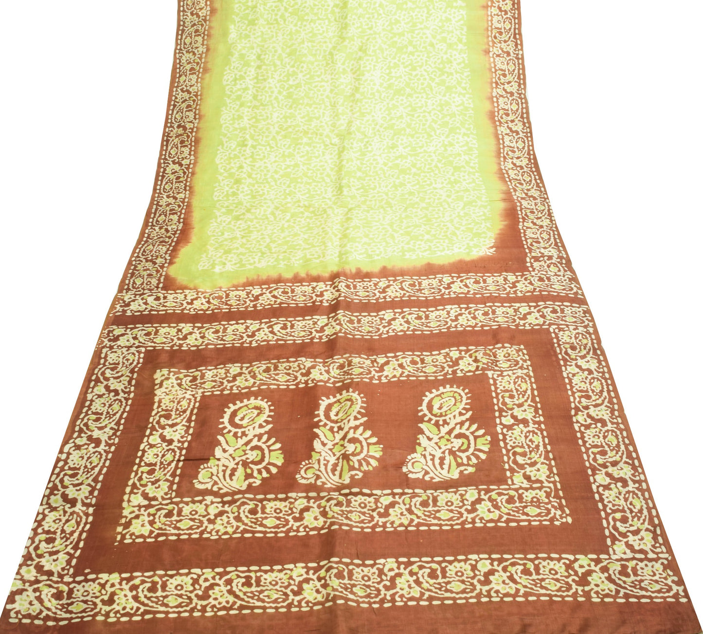 Sushila Vintage Green & Brown Saree 100% Pure Silk Batik Printed Craft Fabric