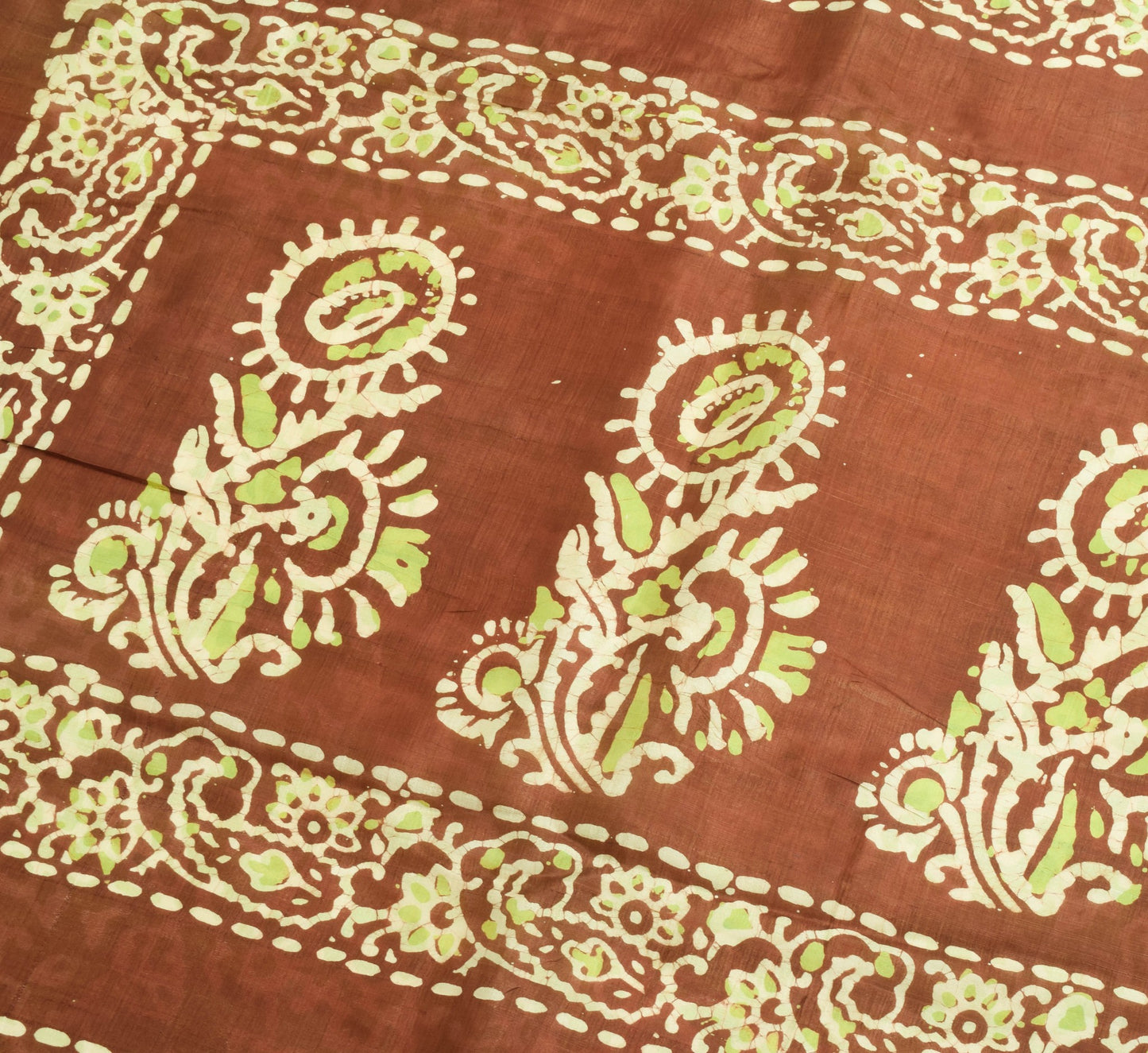 Sushila Vintage Green & Brown Saree 100% Pure Silk Batik Printed Craft Fabric