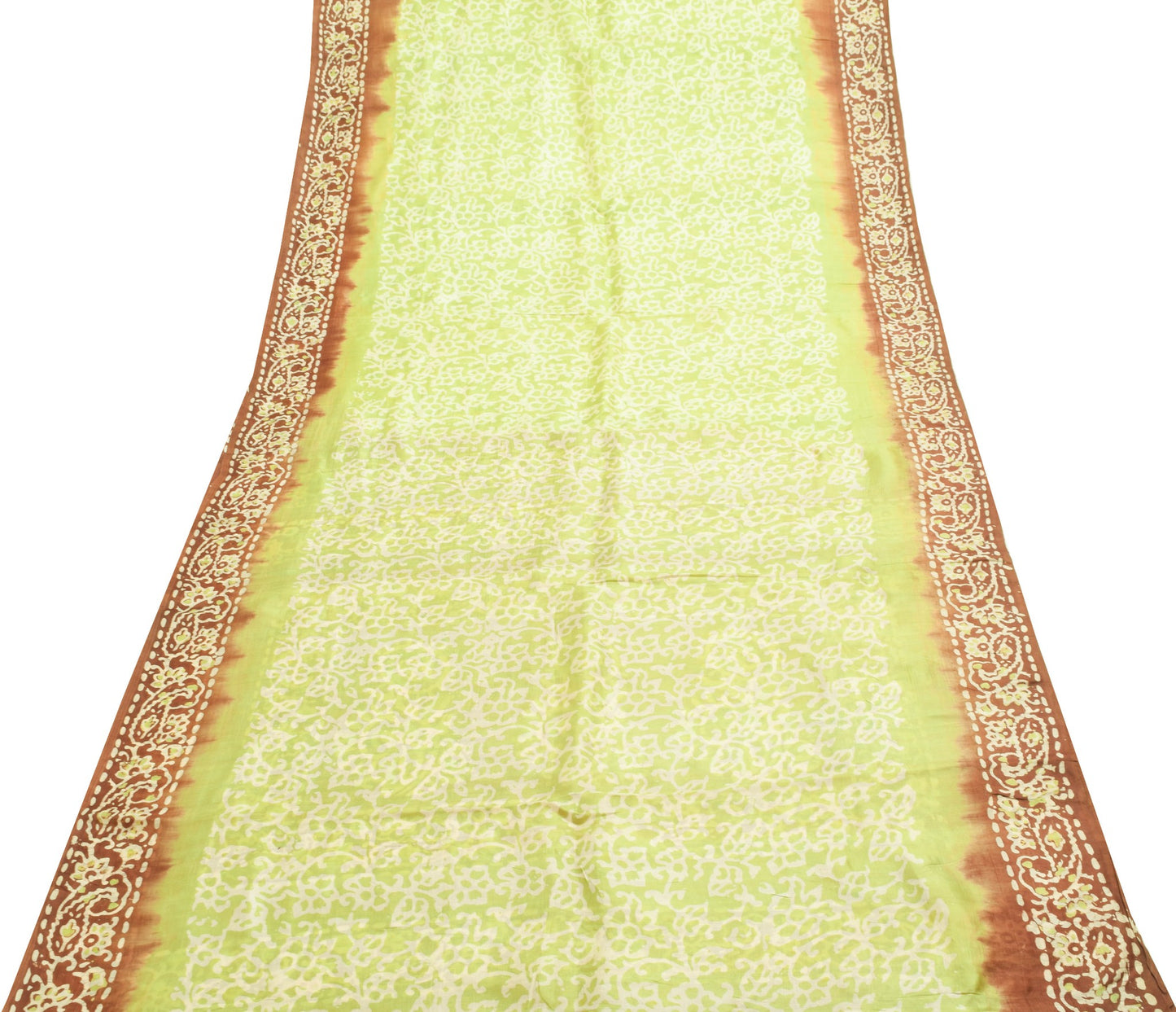 Sushila Vintage Green & Brown Saree 100% Pure Silk Batik Printed Craft Fabric