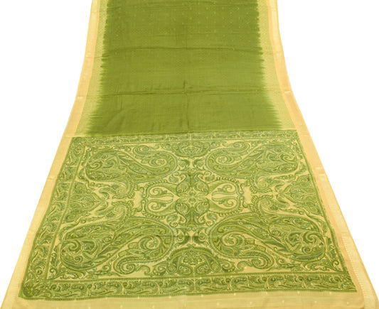 Sushila Vintage Green Saree 100% Pure Silk Printed Indian Soft Craft Fabric