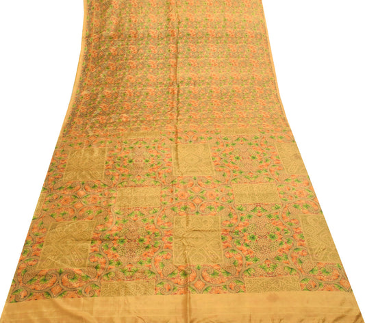 Sushila Vintage Brown Floral Saree 100% Pure Silk Printed 5 YD Soft Craft Fabric