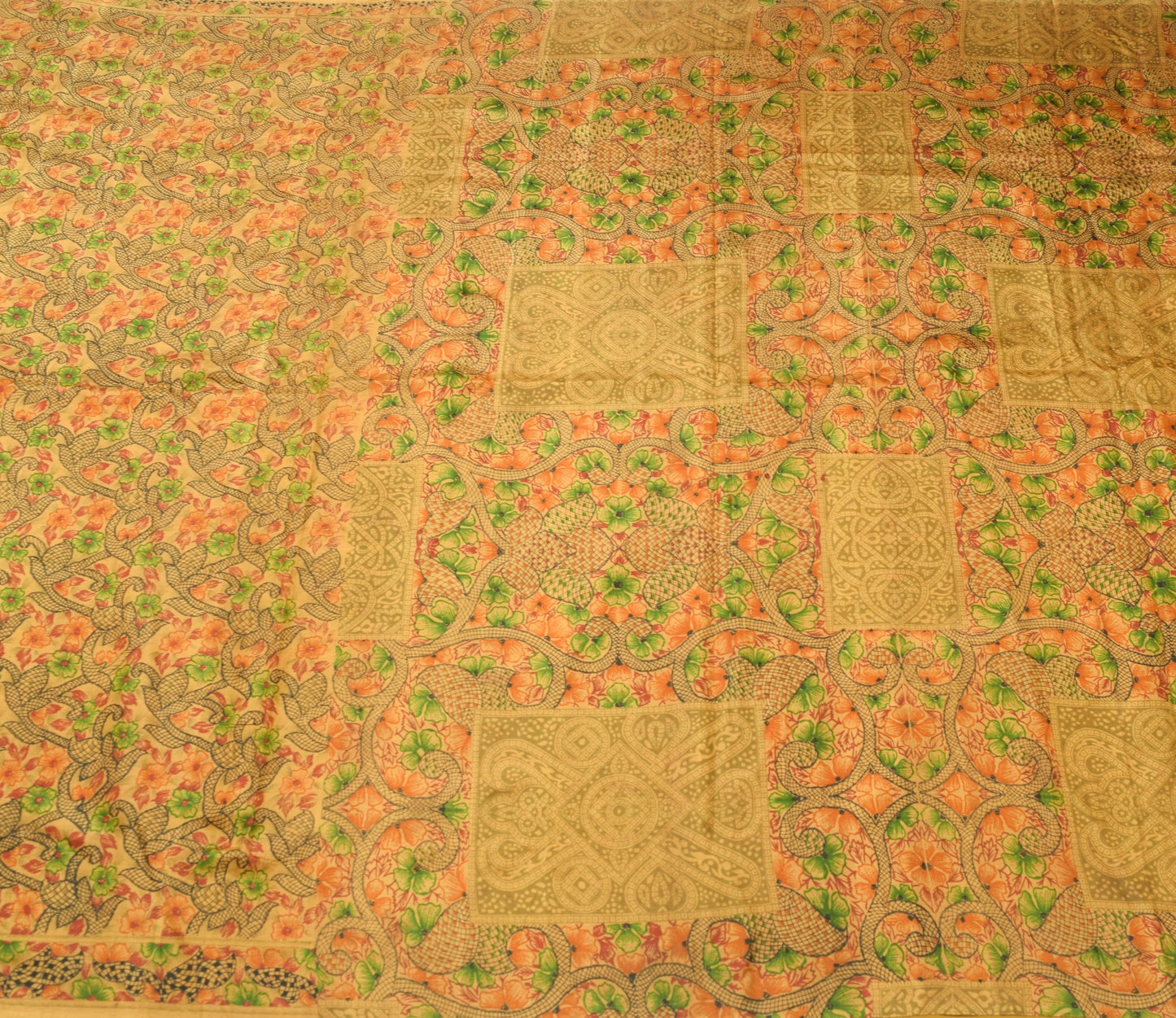 Sushila Vintage Brown Floral Saree 100% Pure Silk Printed 5 YD Soft Craft Fabric