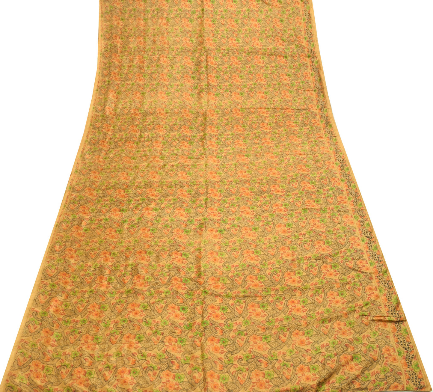 Sushila Vintage Brown Floral Saree 100% Pure Silk Printed 5 YD Soft Craft Fabric