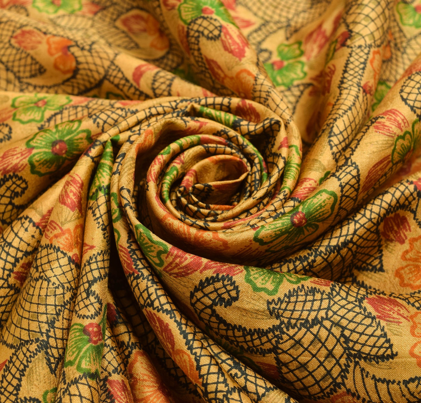 Sushila Vintage Brown Floral Saree 100% Pure Silk Printed 5 YD Soft Craft Fabric