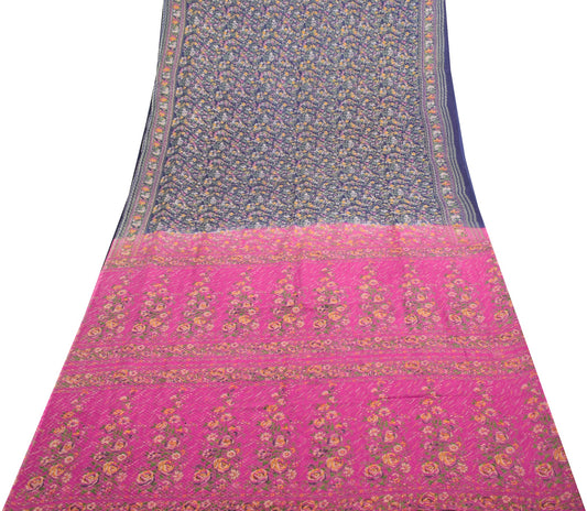 Sushila Vintage Blue & Pink Saree Pure Silk Printed Floral Soft Craft Fabric