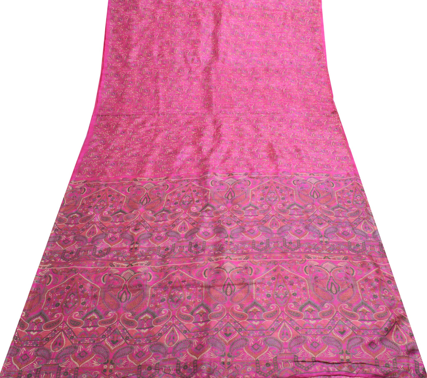 Sushila Vintage Hot Pink Saree 100% Pure Silk Printed Paisley Craft Fabric