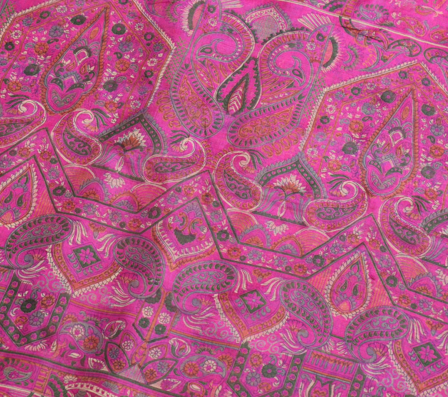 Sushila Vintage Hot Pink Saree 100% Pure Silk Printed Paisley Craft Fabric