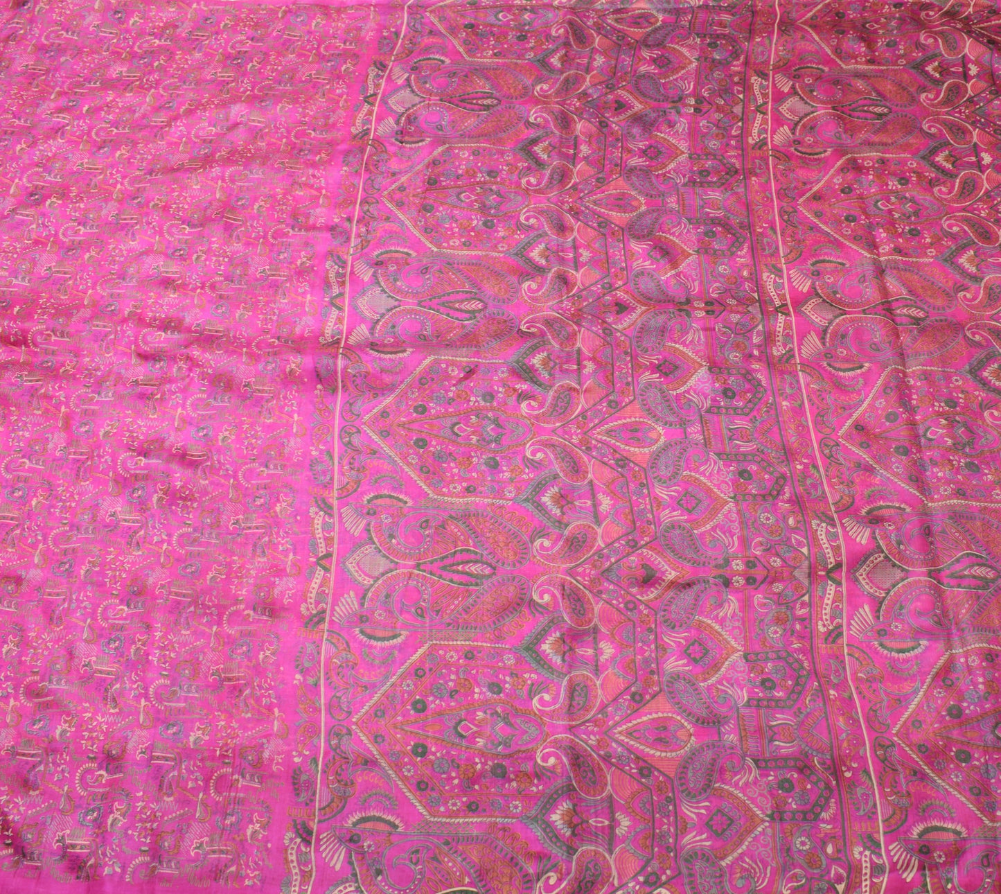 Sushila Vintage Hot Pink Saree 100% Pure Silk Printed Paisley Craft Fabric