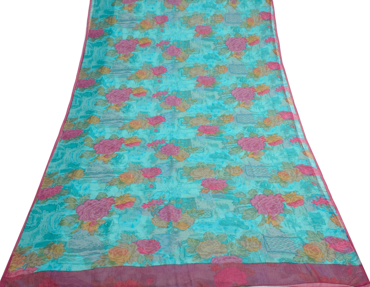 Sushila Vintage Aqua Blue Saree Pure Chiffon Silk Printed Floral Craft Fabric